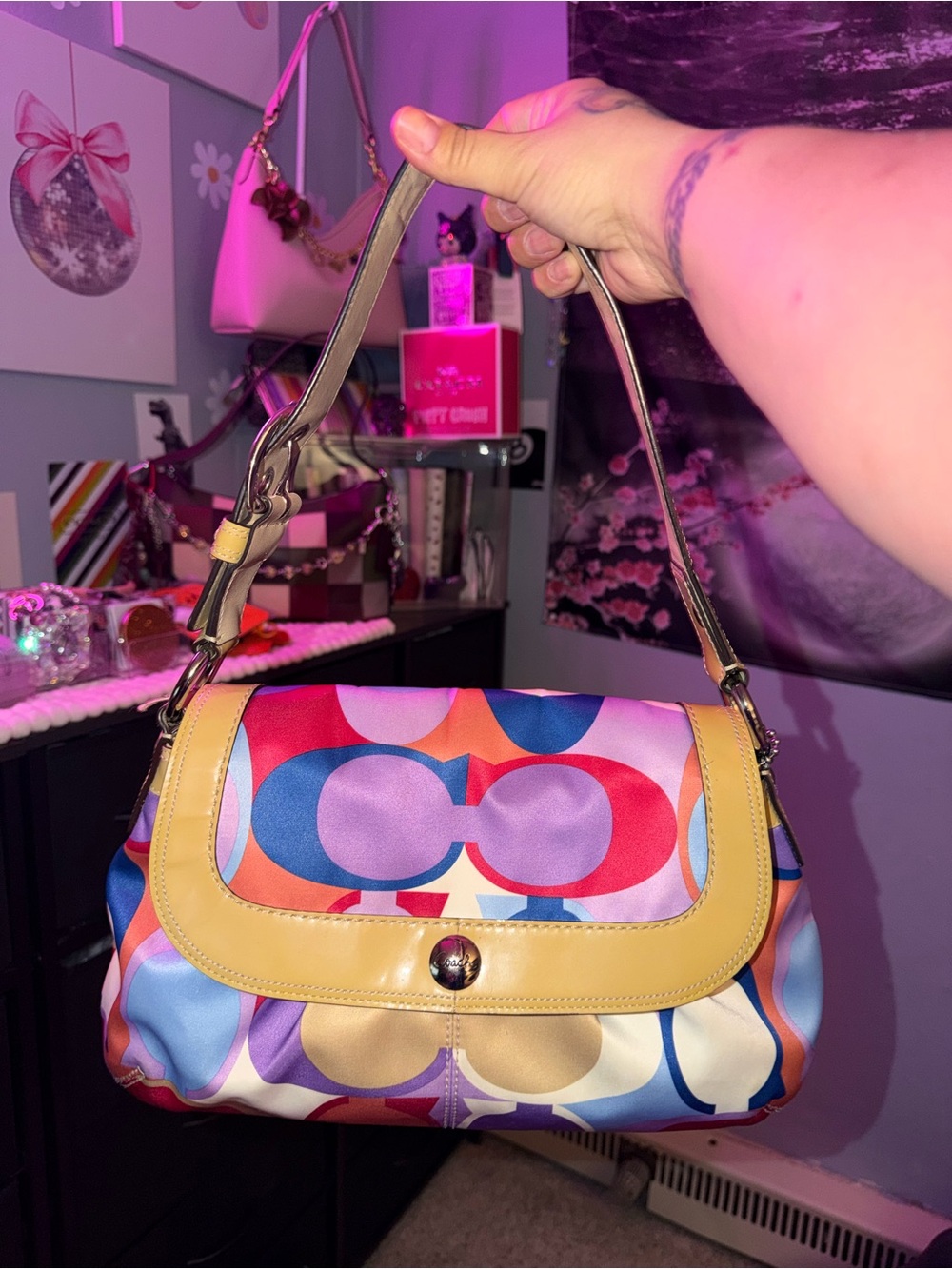 Coach Multicolor Signature Print Shoulder Bag with Yellow Trim